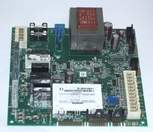 Platine von Daikin mit mehreren elektronischen Komponenten, Relais, Kondensatoren und Anschlüssen, für den Einsatz in Heiz- oder Klimaanlagen.